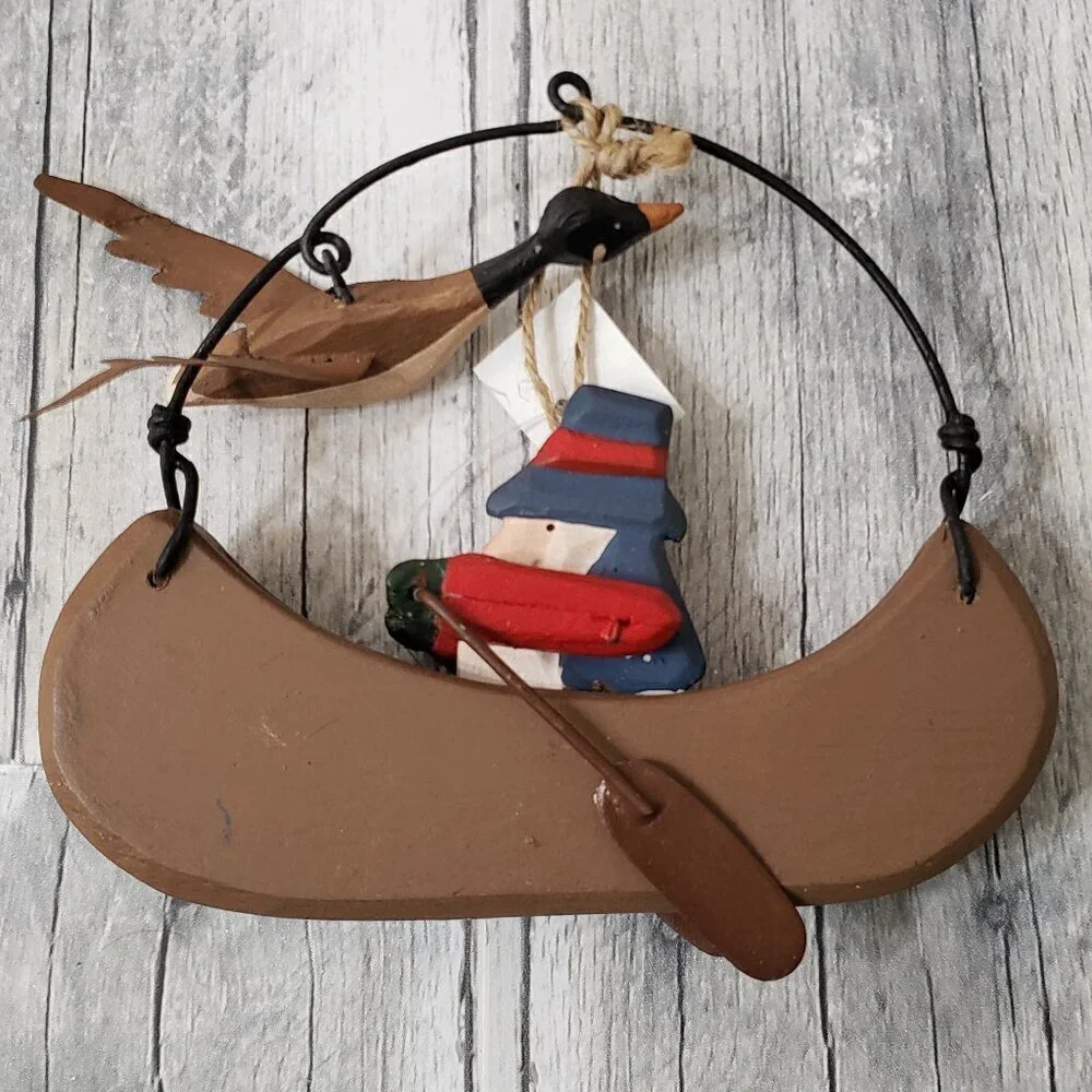Wood Christmas Ornament Canoe Boater and Duck (unused)
